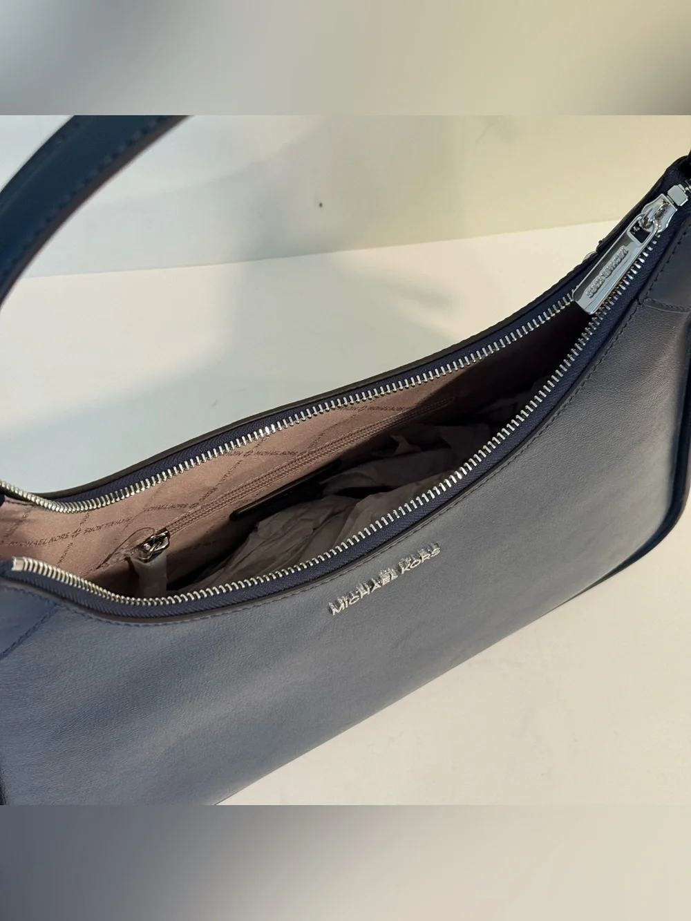 Michael Kors Wilma Navy Blue Leather Purse Silver Tone Chain Shoulder Bag
